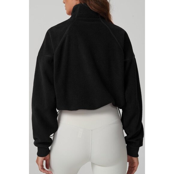 Women's Black Half Zip Fleece Short Pullover Long Sleeve Cozy Sherpa Sweater - Picture 2 of 6